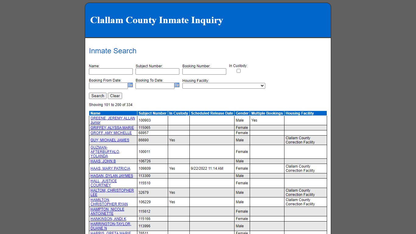 Inmate Search - Clallam County, Washington